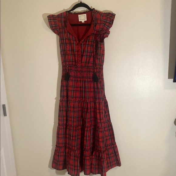 Sail to Sable - Noelle Flutter Sleeve Tiered Midi Dress - Red Tartan - Small - Picture 2 of 10